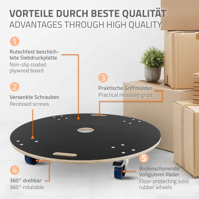 2er Set Rollbrett Möbelroller rund Ø 87 cm aus Multiplex mit Feststellbremsen Tragkraft 800 kg