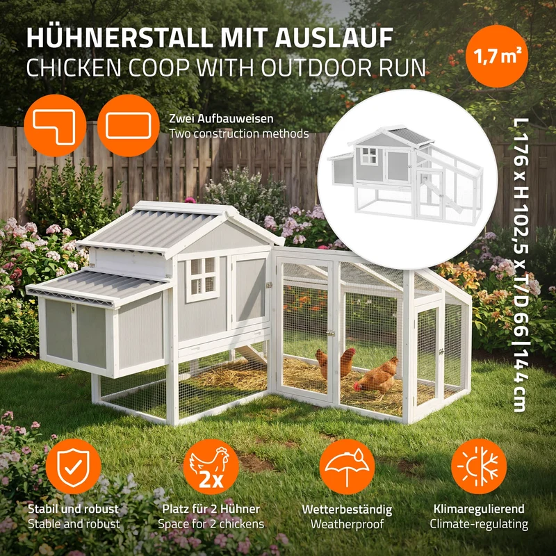 Hühnerstall mit Auslauf, Großes Hühnerhaus winterfest aus Massivholz XXL 144 x 176 x 102,5 cm, Geflügelstall mit Freilaufgehege & Nistkasten