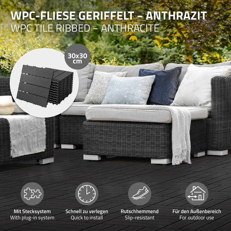 2m² 22 Stück WPC Terrassenfliesen 30x30 cm Anthrazit in Holzoptik Balkon Bodenbelag mit Drainage und Klicksystem Terrassendielen Balkonfliesen