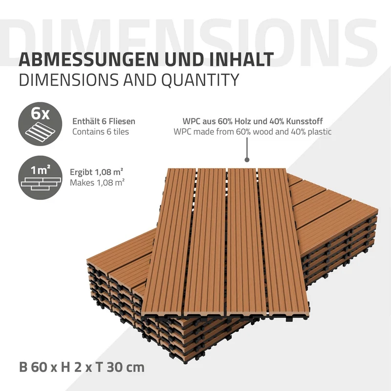 4m² 24 Stück WPC Terrassenfliesen 60x30 cm Hellbraun in Holzoptik Balkon Bodenbelag mit Drainage und Klicksystem Terrassendielen Balkonfliesen