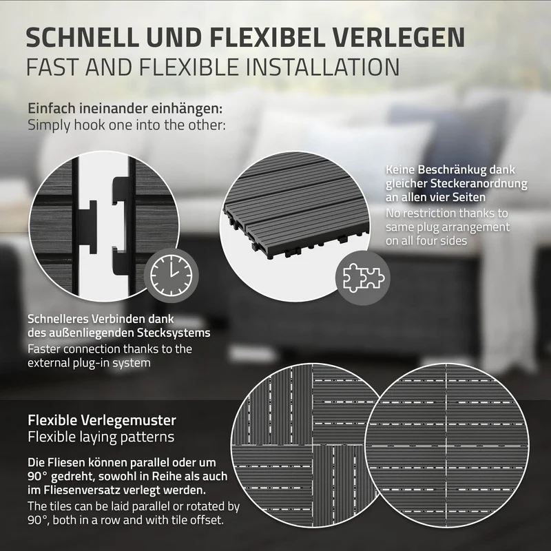 5m² 55 Stück WPC Terrassenfliesen 30x30 cm Anthrazit in Holzoptik Balkon Bodenbelag mit Drainage und Klicksystem Terrassendielen Balkonfliesen