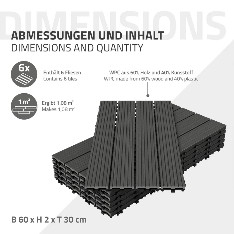 WPC Terrassenfliesen 60x30 cm 18er Set für 3m² Anthrazit in Holzoptik mit Drainage und Klicksystem