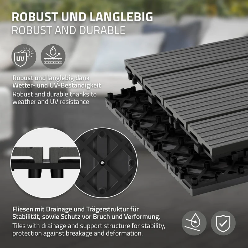 3m² 33 Stück WPC Terrassenfliesen 30x30 cm Anthrazit in Holzoptik Balkon Bodenbelag mit Drainage und Klicksystem Terrassendielen Balkonfliesen