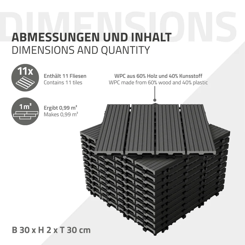 3m² 33 Stück WPC Terrassenfliesen 30x30 cm Anthrazit in Holzoptik Balkon Bodenbelag mit Drainage und Klicksystem Terrassendielen Balkonfliesen