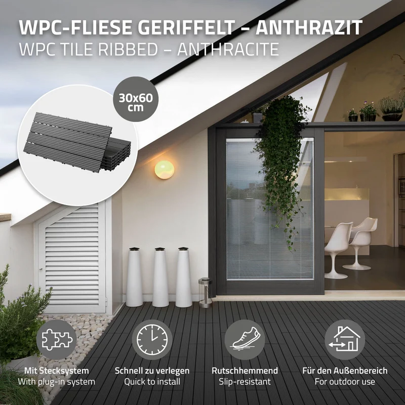 WPC Terrassenfliesen 60x30 cm 30er Set für 5m² Anthrazit in Holzoptik mit Drainage und Klicksystem