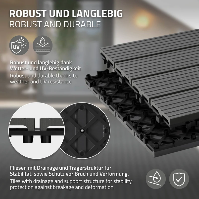 WPC Terrassenfliesen 60x30 cm 24er Set für 4m² Anthrazit in Holzoptik mit Drainage und Klicksystem