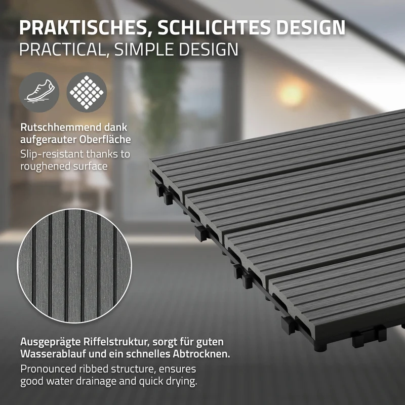 WPC Terrassenfliesen 60x30 cm 12er Set für 2m² Anthrazit in Holzoptik mit Drainage und Klicksystem