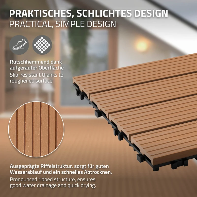 5m² 30 Stück WPC Terrassenfliesen 60x30 cm Hellbraun in Holzoptik Balkon Bodenbelag mit Drainage und Klicksystem Terrassendielen Balkonfliesen