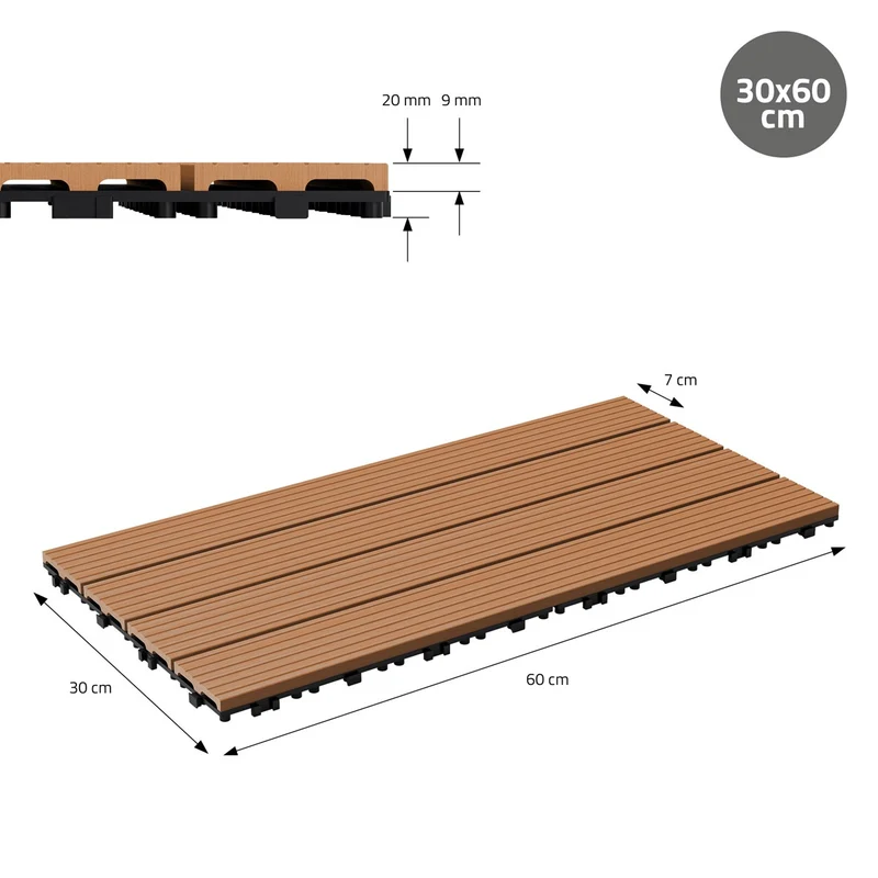 5m² 30 Stück WPC Terrassenfliesen 60x30 cm Hellbraun in Holzoptik Balkon Bodenbelag mit Drainage und Klicksystem Terrassendielen Balkonfliesen