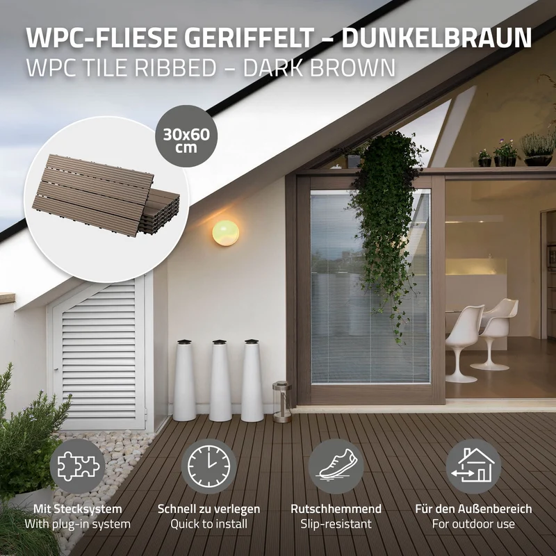 Terrassenfliesen 60x30 cm 6er Set für 1m² Dunkelbraun aus WPC