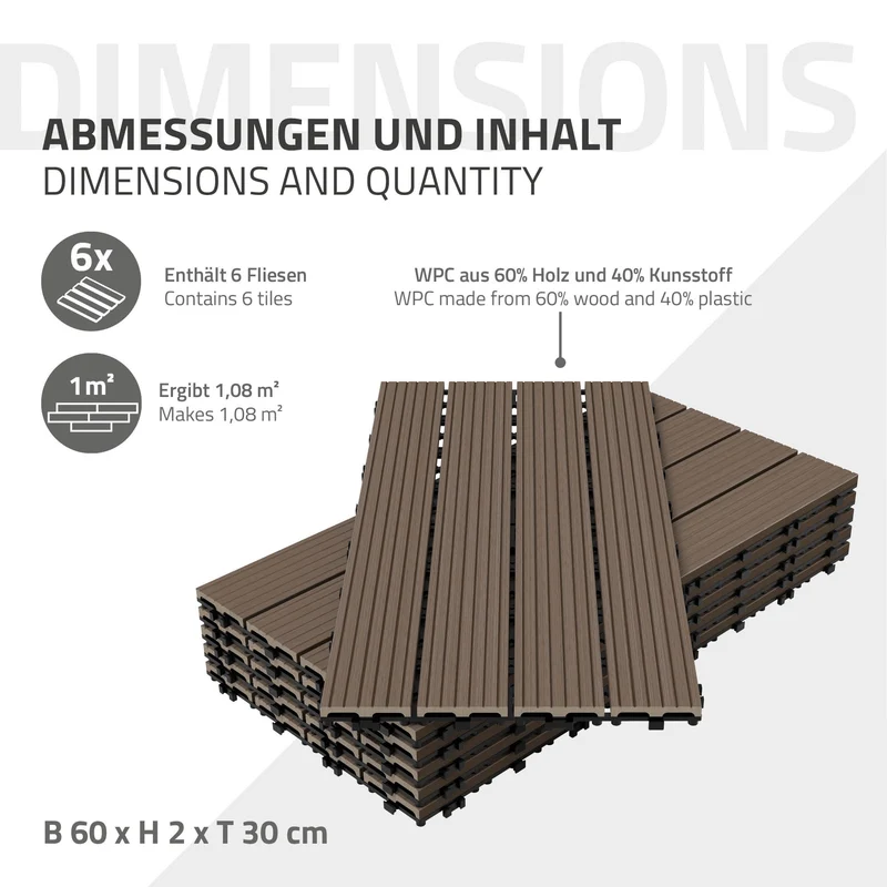 Terrassenfliesen 60x30 cm 6er Set für 1m² Dunkelbraun aus WPC