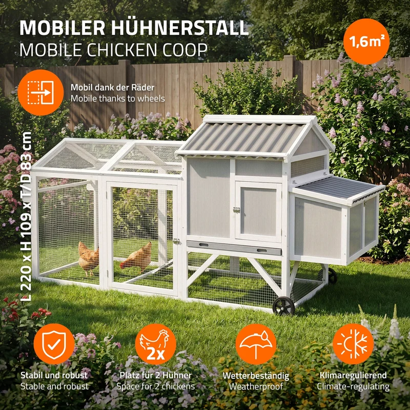 Mobiler Hühnerstall mit Auslauf & Rollen, Großes Hühnerhaus winterfest aus Massivholz XXL 83x220x109 cm Geflügelstall mit Freilaufgehege & Nistkasten