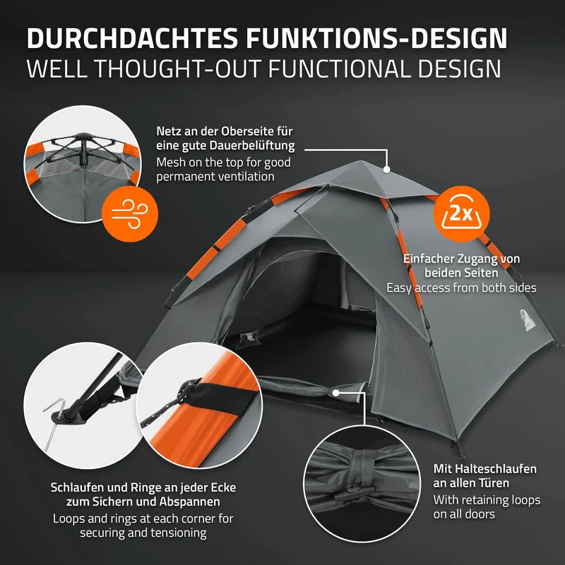 Pop-Up Zelt für 4 Personen, Campingzelt Outdoor Grau, Kuppelzelt doppelwandig mit 2 Türen, Wurfzelt wasserdicht & winddicht mit Tragetasche