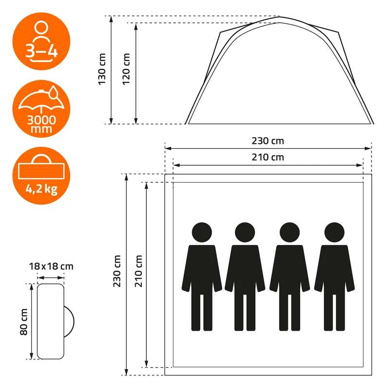 Pop-Up Zelt für 4 Personen, Campingzelt Outdoor Grau, Kuppelzelt doppelwandig mit 2 Türen, Wurfzelt wasserdicht & winddicht mit Tragetasche
