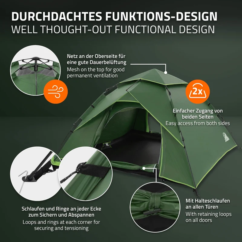 Pop-Up Zelt für 4 Personen, Campingzelt Outdoor Grün, Kuppelzelt doppelwandig mit 2 Türen, Wurfzelt wasserdicht & winddicht mit Tragetasche
