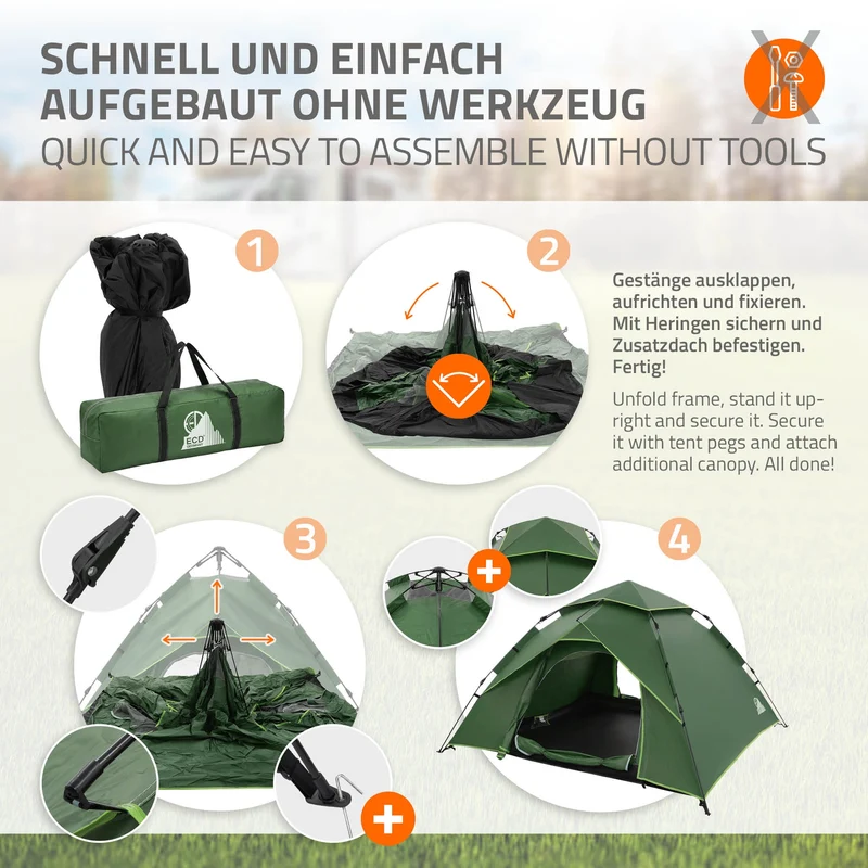 Pop-Up Zelt für 4 Personen, Campingzelt Outdoor Grün, Kuppelzelt doppelwandig mit 2 Türen, Wurfzelt wasserdicht & winddicht mit Tragetasche