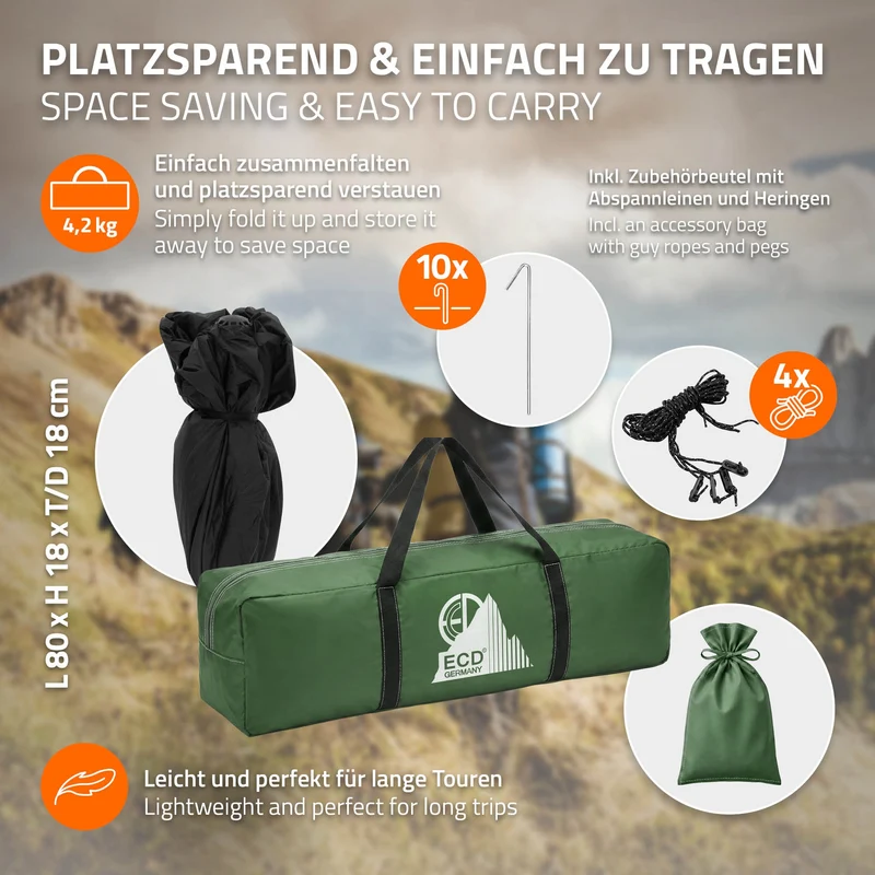 Pop-Up Zelt für 4 Personen, Campingzelt Outdoor Grün, Kuppelzelt doppelwandig mit 2 Türen, Wurfzelt wasserdicht & winddicht mit Tragetasche