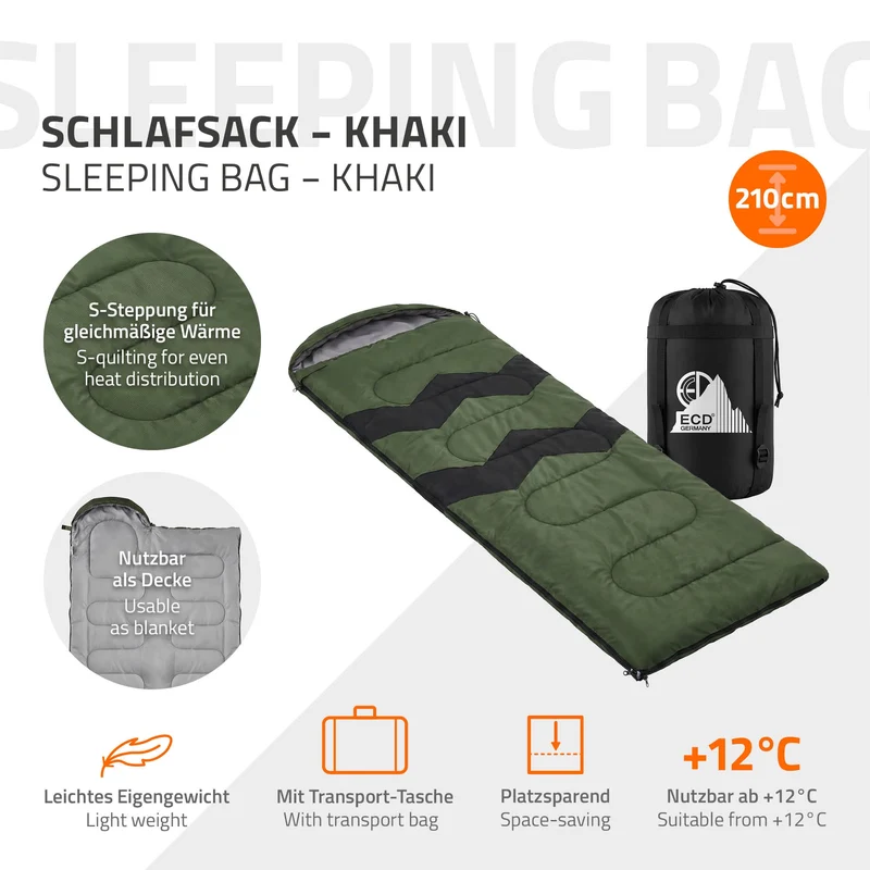 Schlafsack Outdoor für Camping, Khaki, 210 cm, 3 Jahreszeiten für Erwachsene, 2in1 Deckenschlafsäcke Wasserabweisend, Warm, Kompakt & Leicht