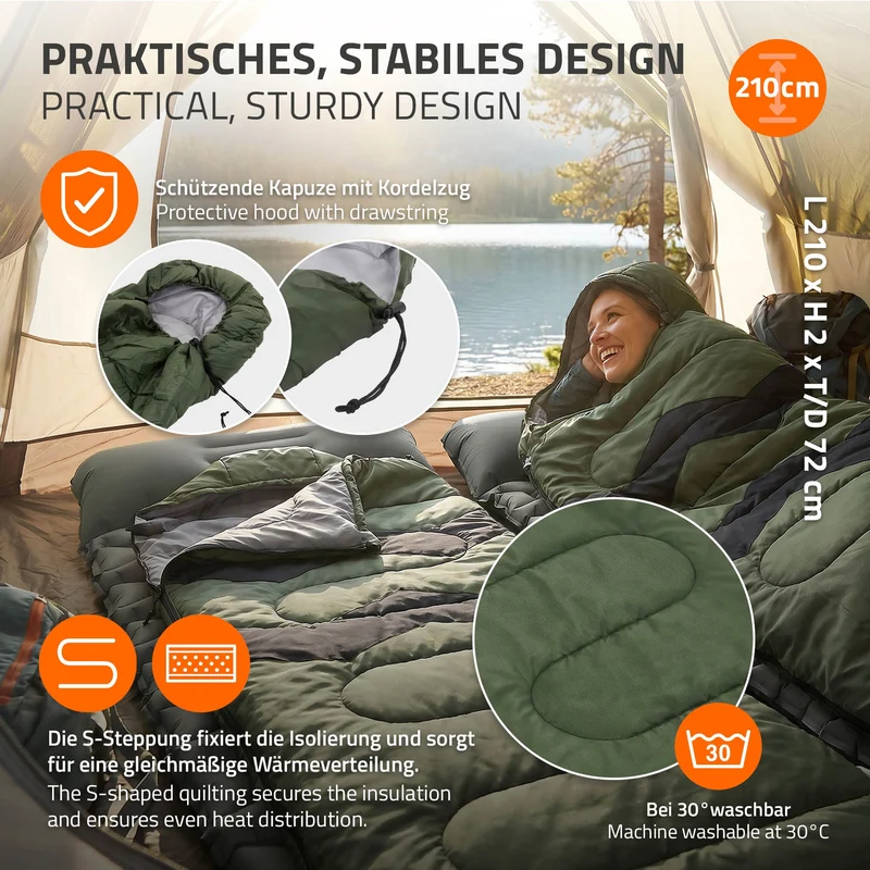 Schlafsack Outdoor für Camping, Khaki, 210 cm, 3 Jahreszeiten für Erwachsene, 2in1 Deckenschlafsäcke Wasserabweisend, Warm, Kompakt & Leicht