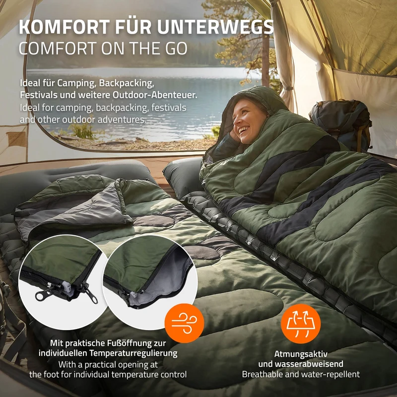 Schlafsack Outdoor für Camping, Khaki, 210 cm, 3 Jahreszeiten für Erwachsene, 2in1 Deckenschlafsäcke Wasserabweisend, Warm, Kompakt & Leicht