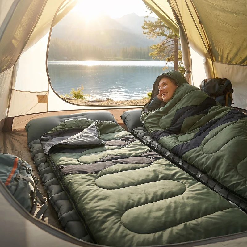 Schlafsack Outdoor für Camping, Khaki, 210 cm, 3 Jahreszeiten für Erwachsene, 2in1 Deckenschlafsäcke Wasserabweisend, Warm, Kompakt & Leicht