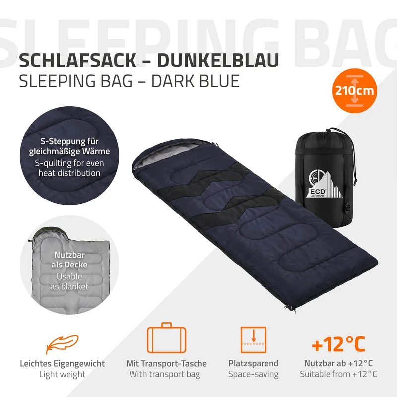 Schlafsack Outdoor für Camping, Dunkelblau, 210 cm, 3 Jahreszeiten für Erwachsene, 2in1 Deckenschlafsäcke Wasserabweisend, Warm, Kompakt & Leicht