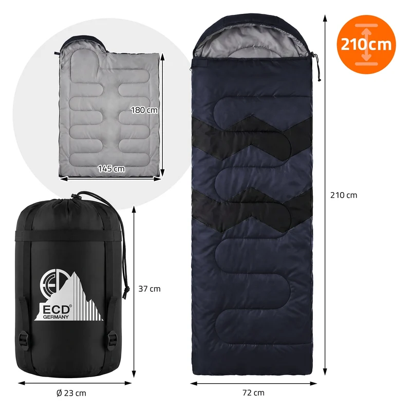 Schlafsack Outdoor für Camping, Dunkelblau, 210 cm, 3 Jahreszeiten für Erwachsene, 2in1 Deckenschlafsäcke Wasserabweisend, Warm, Kompakt & Leicht
