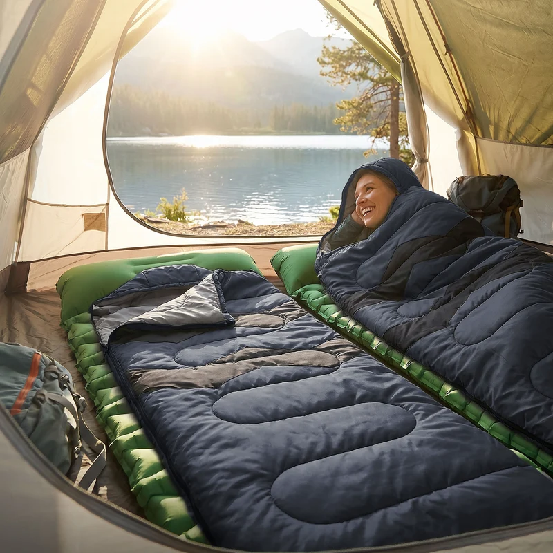 Schlafsack Outdoor für Camping, Dunkelblau, 210 cm, 3 Jahreszeiten für Erwachsene, 2in1 Deckenschlafsäcke Wasserabweisend, Warm, Kompakt & Leicht