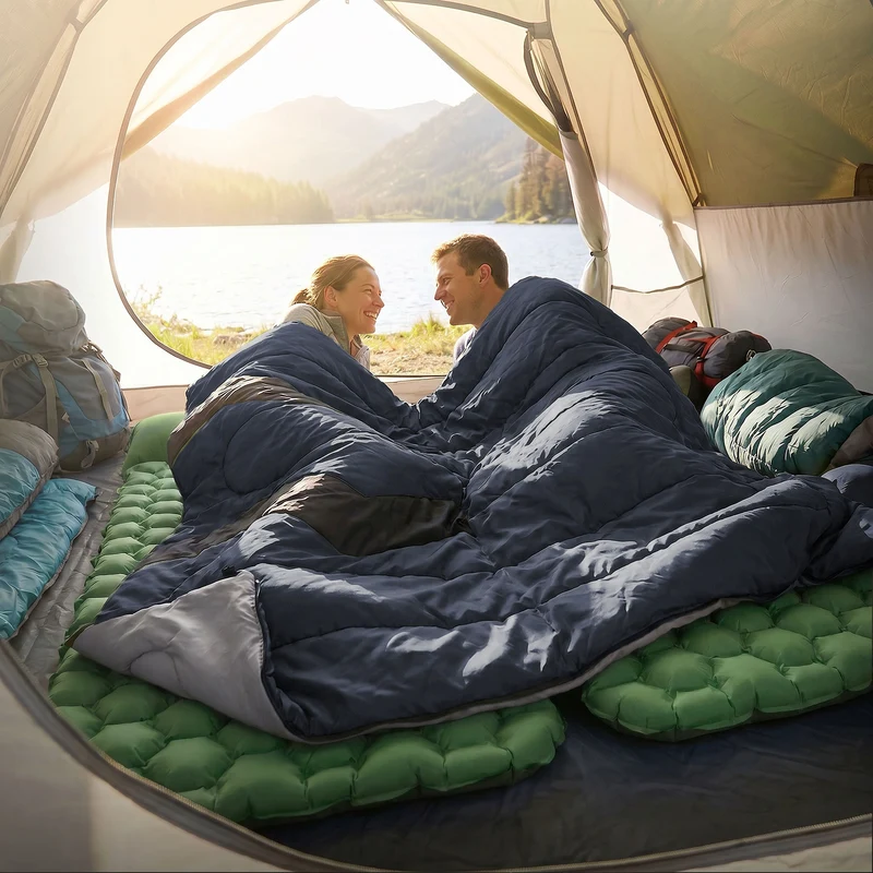 Schlafsack Outdoor für Camping, Dunkelblau, 210 cm, 3 Jahreszeiten für Erwachsene, 2in1 Deckenschlafsäcke Wasserabweisend, Warm, Kompakt & Leicht