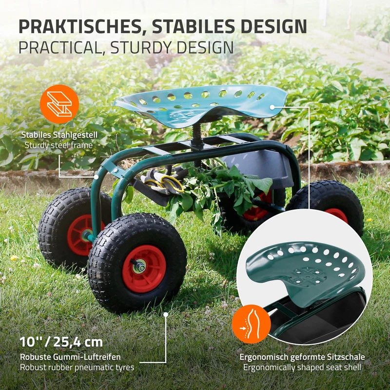B-Ware Gartenrollsitz 360° drehbar und höhenverstellbar, Rollsitz aus Stahl mit Ablagefläche & breite Reifen bis 150 kg