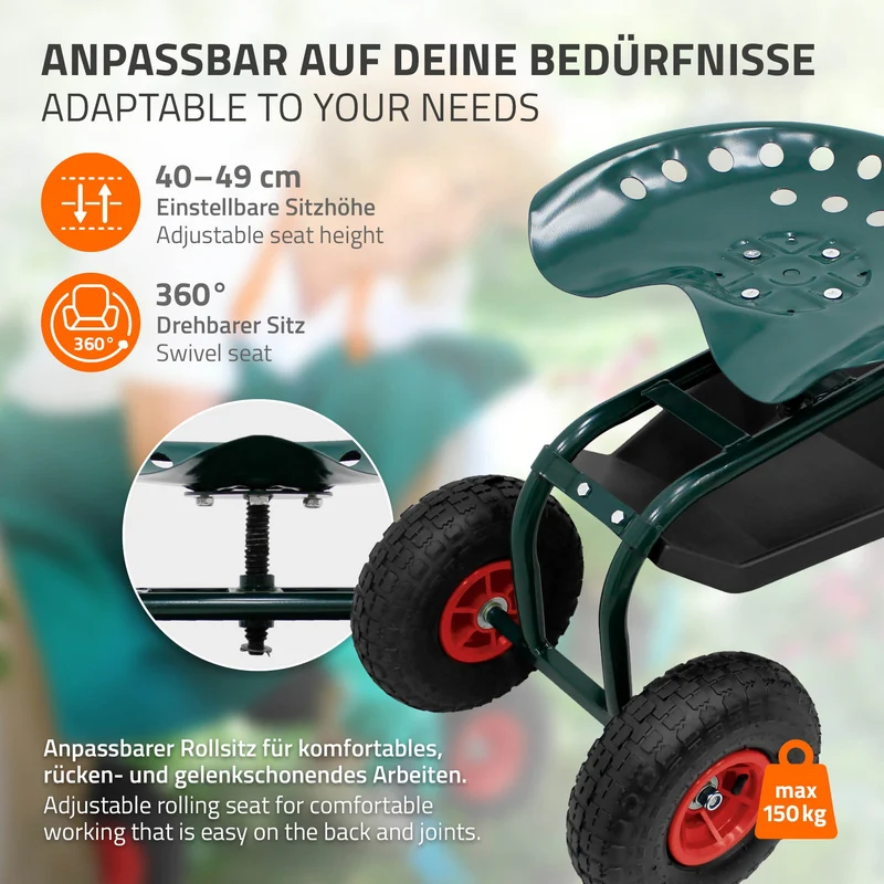 B-Ware Gartenrollsitz 360° drehbar und höhenverstellbar, Rollsitz aus Stahl mit Ablagefläche & breite Reifen bis 150 kg