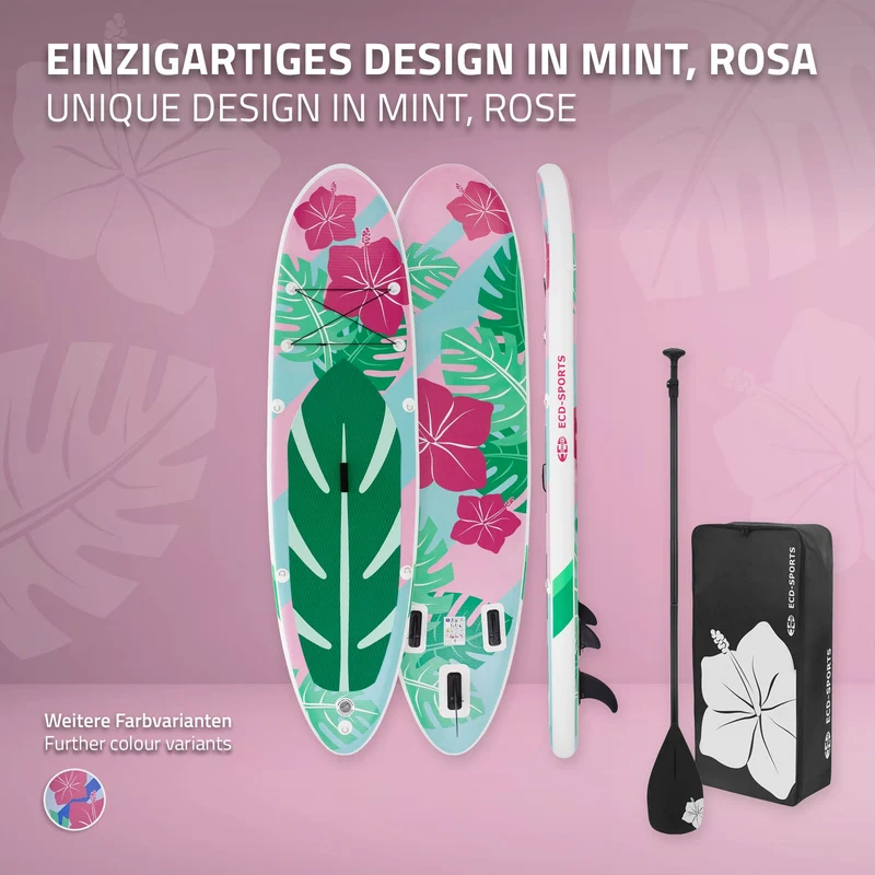 Stand Up Paddle aufblasbares SUP Board Flowers 320x80x15 cm in Mint/Rosa aus PVC inkl. Pumpe und Tragetasche