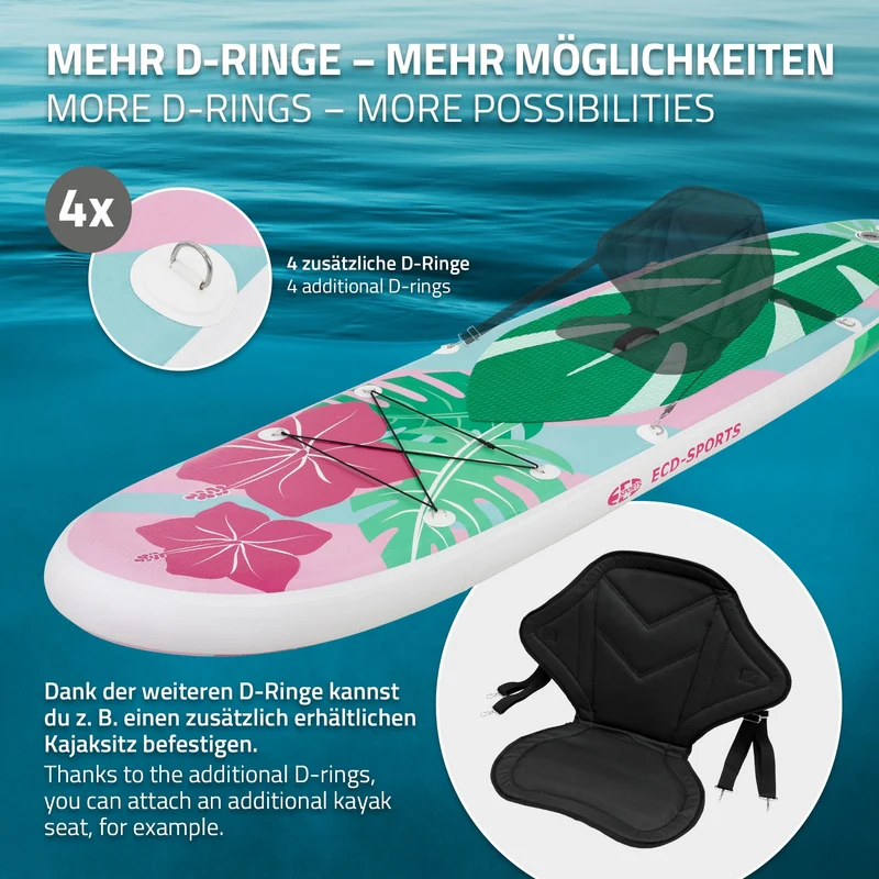 Stand Up Paddle aufblasbares SUP Board Flowers 320x80x15 cm in Mint/Rosa aus PVC inkl. Pumpe und Tragetasche