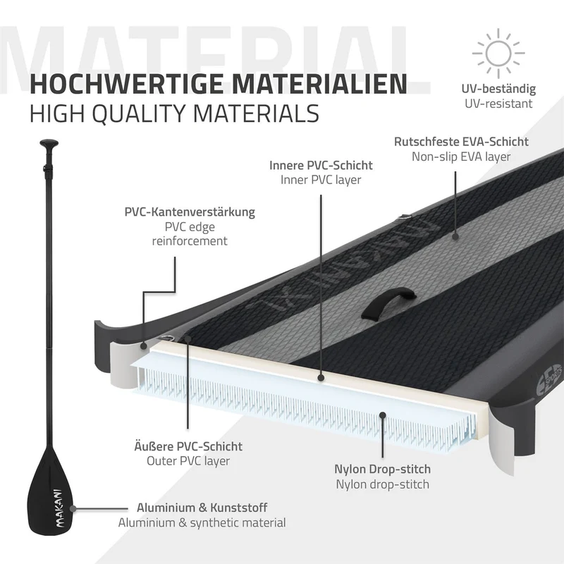 Stand Up Paddle aufblasbares SUP Board Makani XL 380x80x15 cm Schwarz aus PVC inkl. Pumpe und Tragetasche