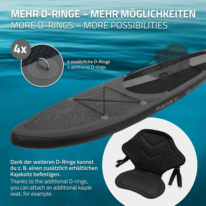 Stand Up Paddle aufblasbares SUP Board Makani XL 380x80x15 cm Schwarz aus PVC inkl. Pumpe und Tragetasche