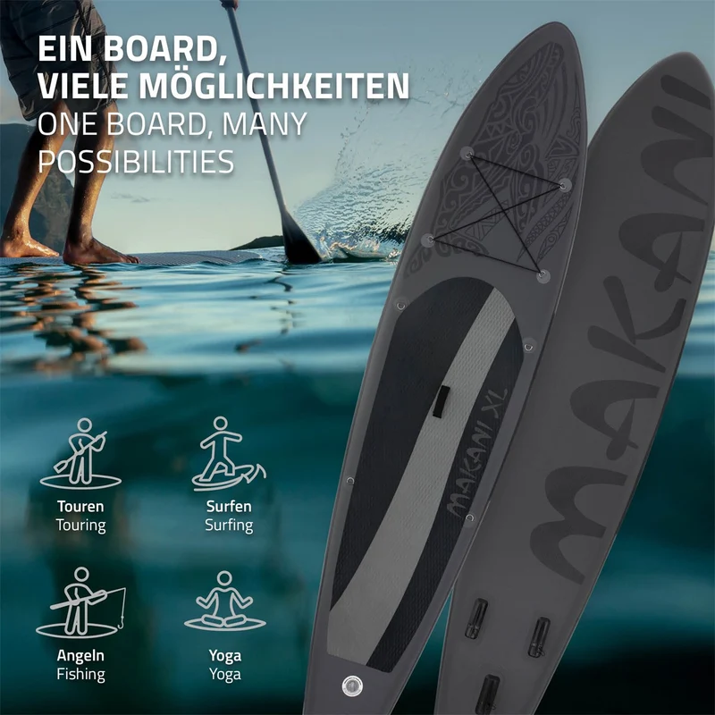 Stand Up Paddle aufblasbares SUP Board Makani XL 380x80x15 cm Schwarz aus PVC inkl. Pumpe und Tragetasche