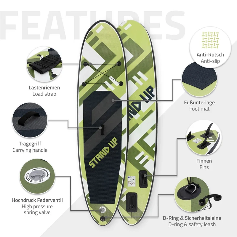 Stand Up Paddle aufblasbares SUP Board 308x78x10 cm in Olive aus PVC inkl. Pumpe und Tragetasche