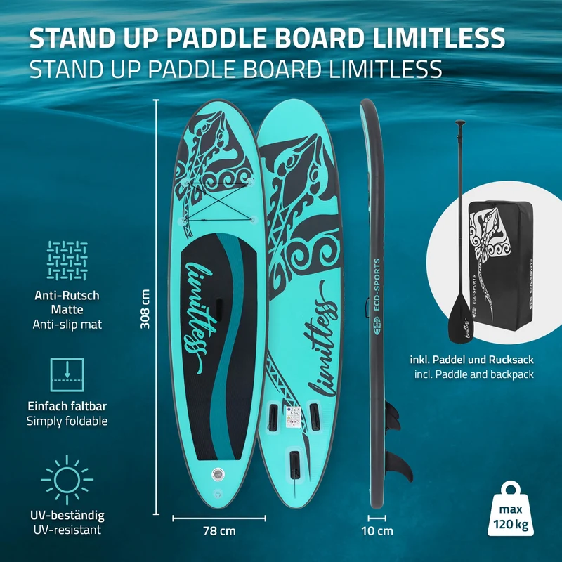Stand Up Paddle aufblasbares SUP Board Limitless 308x76x10 in Türkis aus PVC inkl. Pumpe und Tragetasche