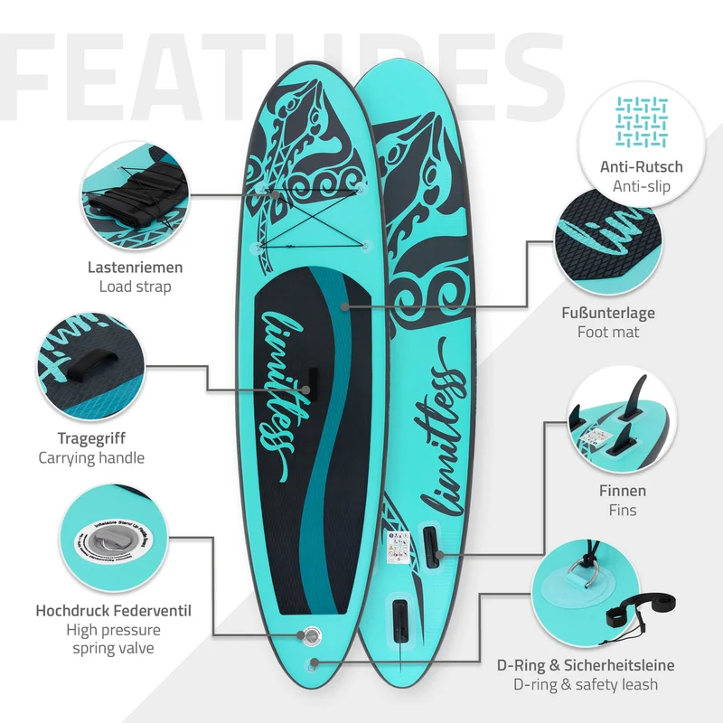 Stand Up Paddle aufblasbares SUP Board Limitless 308x76x10 in Türkis aus PVC inkl. Pumpe und Tragetasche