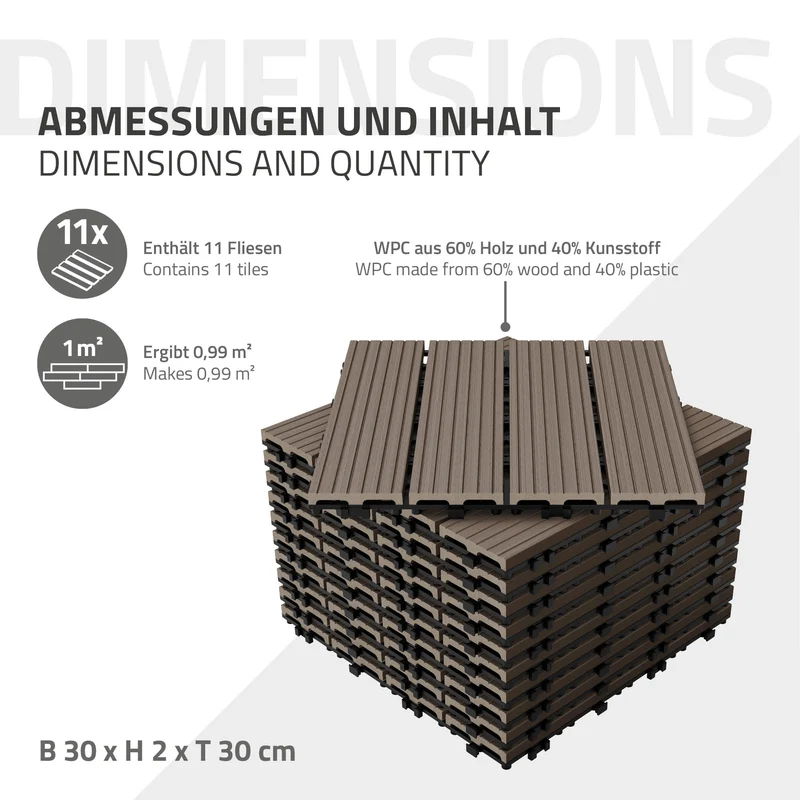 B-Ware Terrassenfliesen 30x30 cm 11er Set für 1m² Dunkelbraun aus WPC