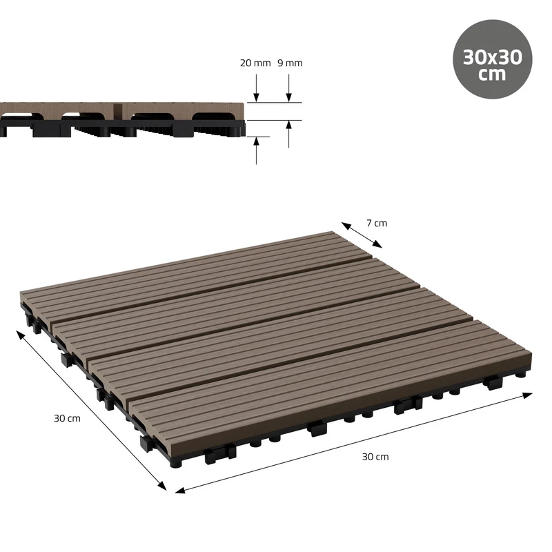 B-Ware Terrassenfliesen 30x30 cm 11er Set für 1m² Dunkelbraun aus WPC