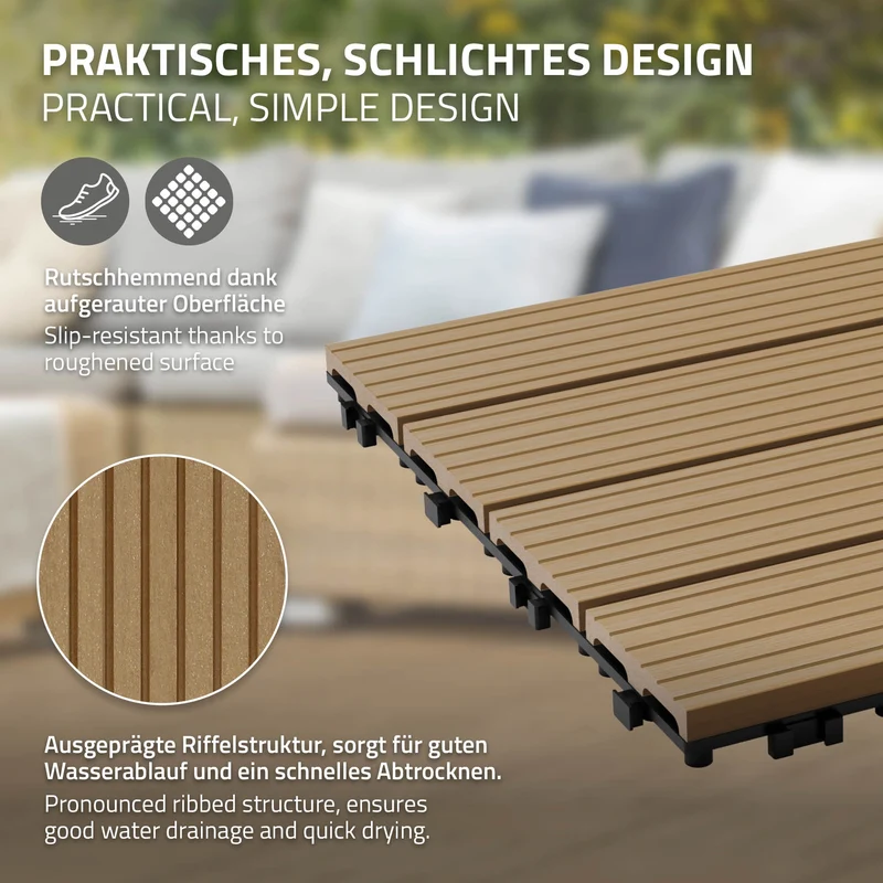 4m² 44 Stück WPC Terrassenfliesen 30x30 cm Teak in Holzoptik Balkon Bodenbelag mit Drainage und Klicksystem Terrassendielen Balkonfliesen