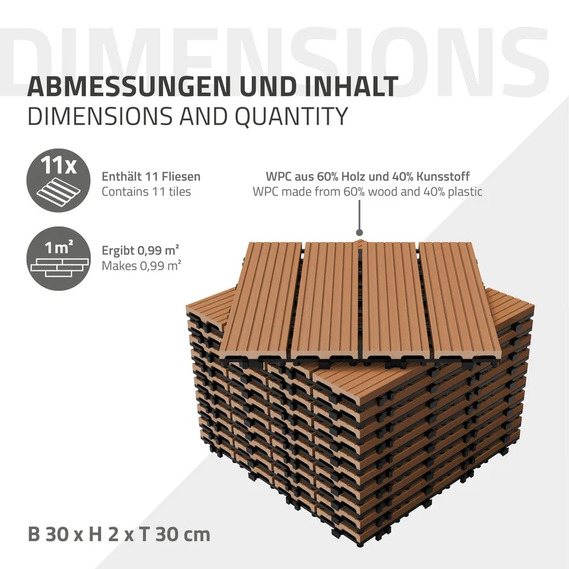 WPC Terrassenfliesen 30x30 cm 55er Set für 5m² Hellbraun in Holzoptik Balkon Bodenbelag mit Drainage und Klicksystem Terrassendielen Balkonfliesen