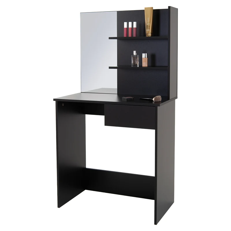 Schminktisch Frisiertisch 75x40x135 cm in Schwarz mit Spiegel, Schublade, 3 Ablagen & Hocker ML-Design
