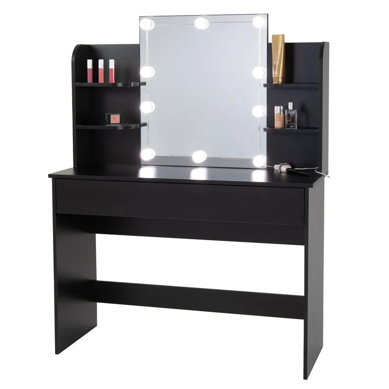 Schminktisch Frisiertisch 108x40x140 cm in Schwarz mit Spiegel, LED Beleuchtung, Schublade & Hocker ML-Design