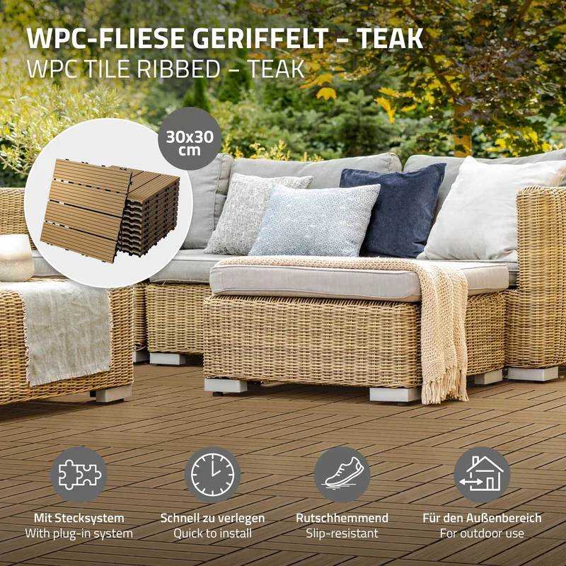 3m² 33 Stück WPC Terrassenfliesen 30x30 cm Teak in Holzoptik Balkon Bodenbelag mit Drainage und Klicksystem Terrassendielen Balkonfliesen