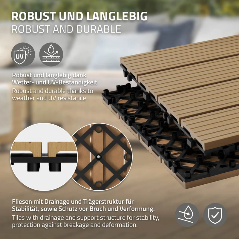 3m² 33 Stück WPC Terrassenfliesen 30x30 cm Teak in Holzoptik Balkon Bodenbelag mit Drainage und Klicksystem Terrassendielen Balkonfliesen