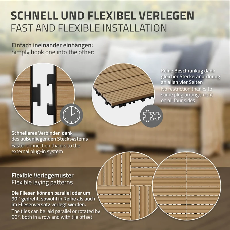 3m² 33 Stück WPC Terrassenfliesen 30x30 cm Teak in Holzoptik Balkon Bodenbelag mit Drainage und Klicksystem Terrassendielen Balkonfliesen