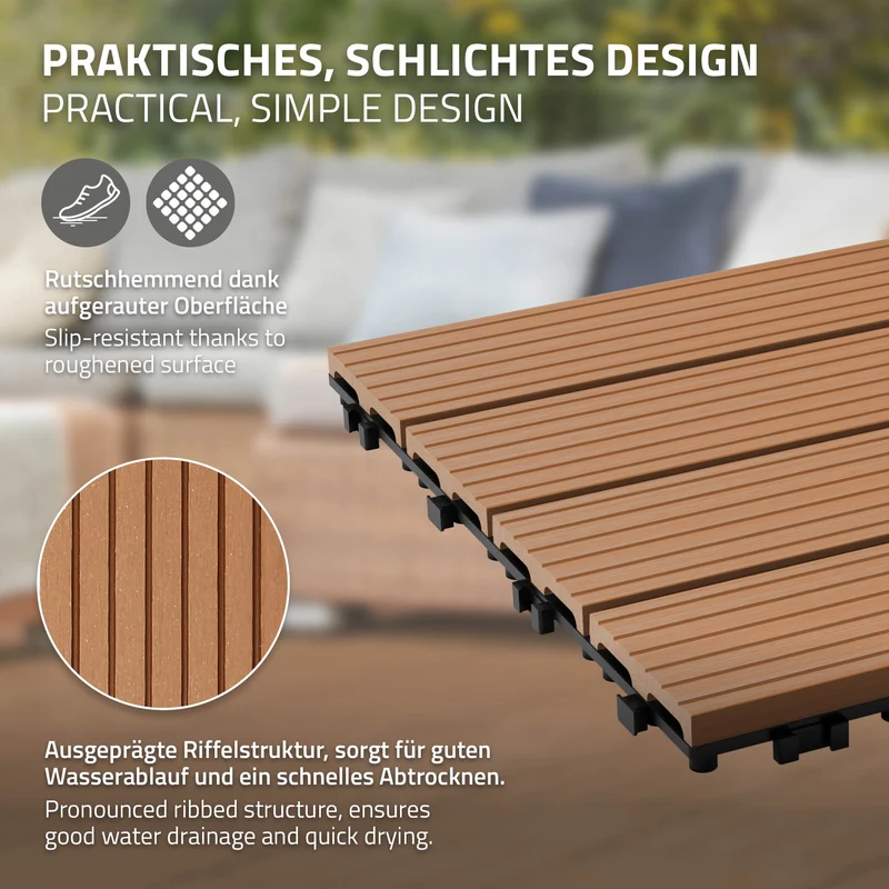 WPC Terrassenfliesen 30x30 cm 44er Set für 4m² Hellbraun in Holzoptik Balkon Bodenbelag mit Drainage und Klicksystem Terrassendielen Balkonfliesen
