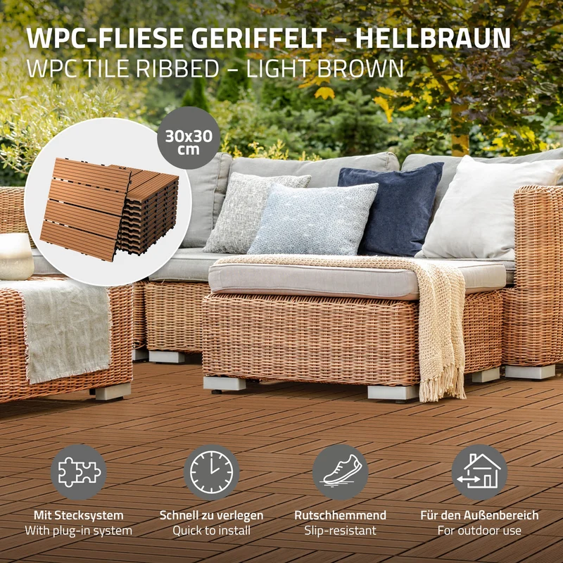 WPC Terrassenfliesen 30x30 cm 33er Set für 3m² Hellbraun in Holzoptik Balkon Bodenbelag mit Drainage und Klicksystem Terrassendielen Balkonfliesen